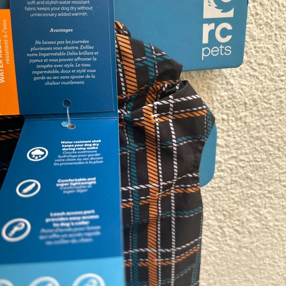 Delta Plaid Rain Slicker with Black, Orange, and Blue dog Rain coat Small NWT